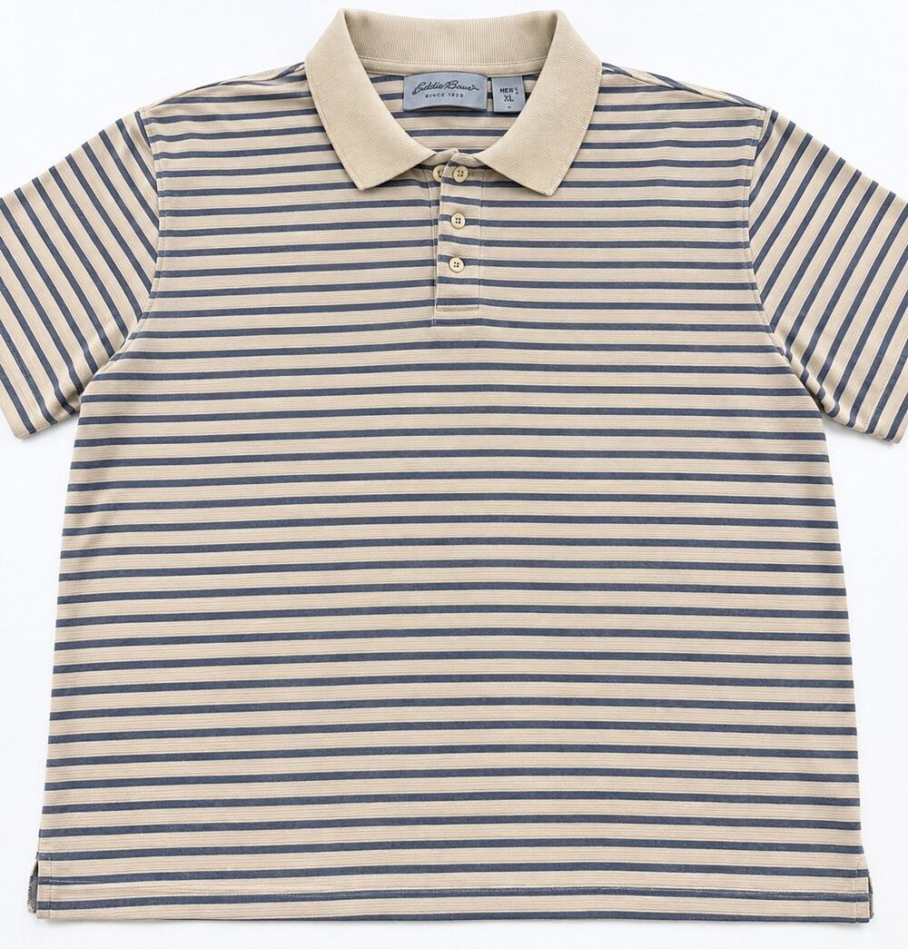 Eddie Bauer Mens XL Striped Polo Shirt Blue Beige 100% Cotton Short Sleeve